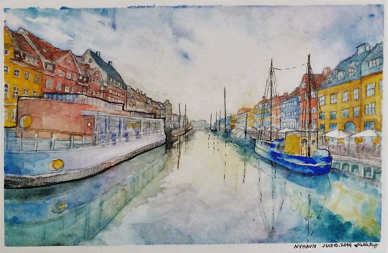 a watercolour painting of Nyhavn in Copenhagen
