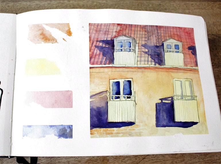 Watercolour sketch of a rooftop in Copenhagen